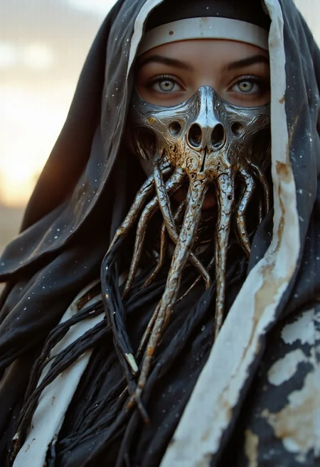 An extreme close-up Closeup of the nun’s face, framed by the intense, gritty realism of an old analog camera. The mechanical Skull octopus hknuns nun wears a detailed, ancient silver mask, its surface weathered and battle-scarred, yet intricately adorned with delicate engravings. The mask reflects the faint glow of divine energy, with radiant golden and white light flickering across its surface, A powerful nun iconic one from Final Fantasy. The scene is set during an eerie sundawn, where swirling dust and wind cause her translucent nun's habit to billow dramatically. a gritty, ominous vibe. The sun's orange and gray hues blend into the sky as her tattered habit flutters. The atmosphere is cinematic, with hyper-realistic detail, soft shadows, and an intense, otherworldly mood in a desolate desert landscape. Moody Closeup Portrait, feudal Silk Road style, amazing quality, masterpiece, best quality, hyper detailed, ultra detailed, UHD, dof, hyper-realism, majestic, awesome, inspiring. Her torn nun's habit glowing dress flap in the breeze, exuding a laid-back yet dangerous vibe. The photo features faded colors, with a limited palette of gray, beige, and washed-out orange, capturing her cool, striking appearance.. cinematic composition, soft shadows, national geographic style, mythp0rt