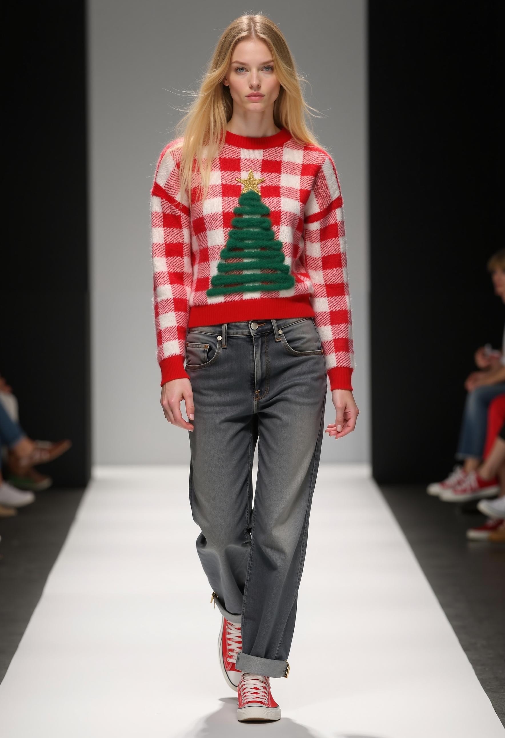 clo031, full body shot, beautiful woman, wearing a red-and-white checkered knit sweater with a fuzzy green Christmas tree design and a gold star on top, soft textures, paired with relaxed cuffed gray jeans and red sneakers. walking on a catwalk