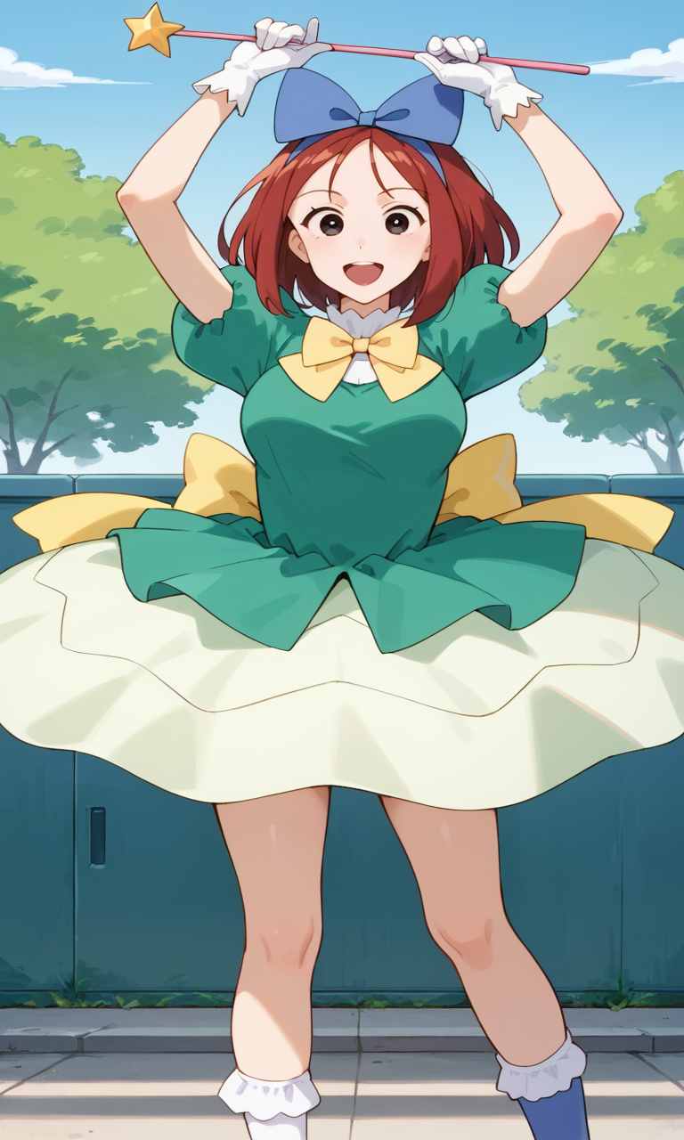 (1girl:1.5), (solo:1.3), (score_9, score_8_up, score_7_up, score_6_up, score_5_up, score_4_up), (source_anime), rating_questionable, looking at viewer, (cowboy shot:1.3), outdoors, blue sky, school,
 (shiwasu-mari), (black eyes, red hair, medium hair, parted bangs, parody hair), (large breasts), (smile, happy, open mouth, wide mouth), <lora:magical-mari-late_v1:0.9> (blue big hair bow, green dress, princess tutu, puffy short sleeves, yellow bowtie, white gloves, white bobby socks, blue footwear, mary janes), (holding wand),  arms up, legs apart,
