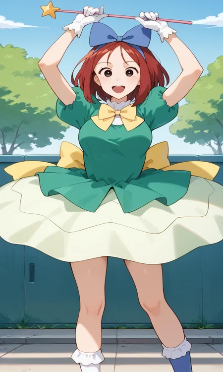 (1girl:1.5), (solo:1.3), (score_9, score_8_up, score_7_up, score_6_up, score_5_up, score_4_up), (source_anime), rating_questionable, looking at viewer, (cowboy shot:1.3), outdoors, blue sky, school,
(shiwasu-mari), (black eyes, red hair, medium hair, parted bangs, parody hair), (large breasts), (smile, happy, open mouth, wide mouth), <lora:magical-mari-late_v1:0.9> (blue big hair bow, green dress, princess tutu, puffy short sleeves, yellow bowtie, white gloves, white bobby socks, blue footwear, mary janes), (holding wand), arms up, legs apart,
