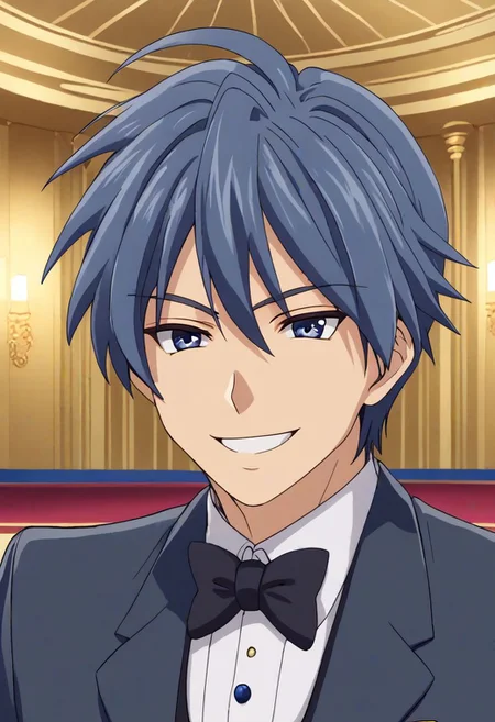high resolution, solo, best quality, 1Boy, Tomoya Okazaki, Grey Blue Hair, luxury hotel, Ballroom, tuxedo, smile, confident, OverallDetail
