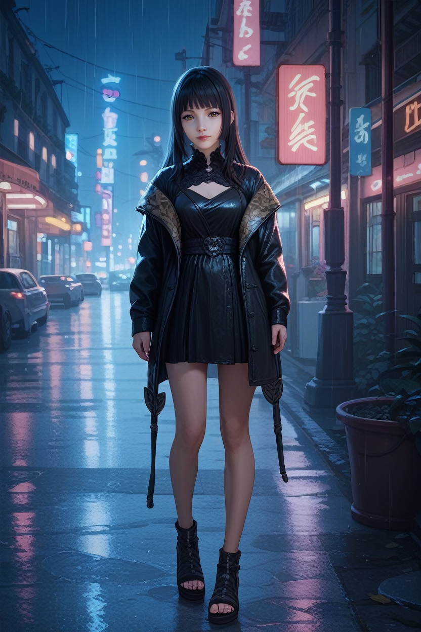 score_9, score_8_up, score_7_up,
<lora:FFGentiana:0.8>
FFGentiana, 1girl, black hair, long hair, blunt bangs, looking at viewer, standing in the rain on a neon-lit city street at night, full body