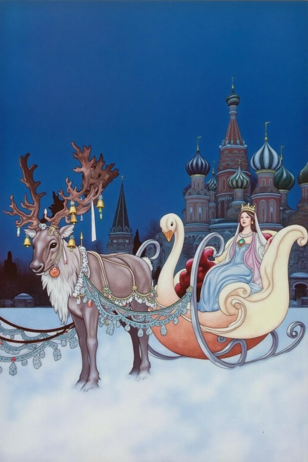 charob1 illustration.
A serene, snowy landscape under a gradient blue sky transitioning from deep to light blue. A reindeer with large, intricate antlers adorned with bells and ribbons pulls a luxurious sleigh shaped like a swan. There is a woman wearing a crown and long robe sitting on the sleigh. There is a Russian style castle in the background.
 <lora:charob1_cap_d6a3e11:1.0><lora:824696577961604952:0>