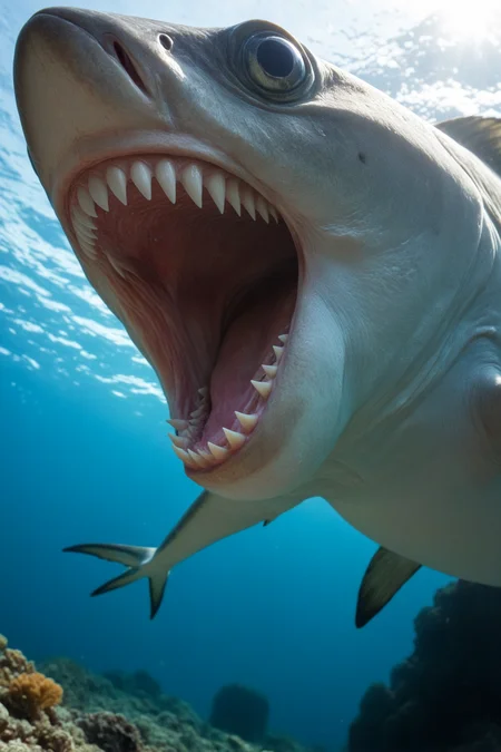 fish, sharp teeth, sea, depth of field, lens flare, distortion, masterpiece, best quality, amazing quality , fish, sharp teeth