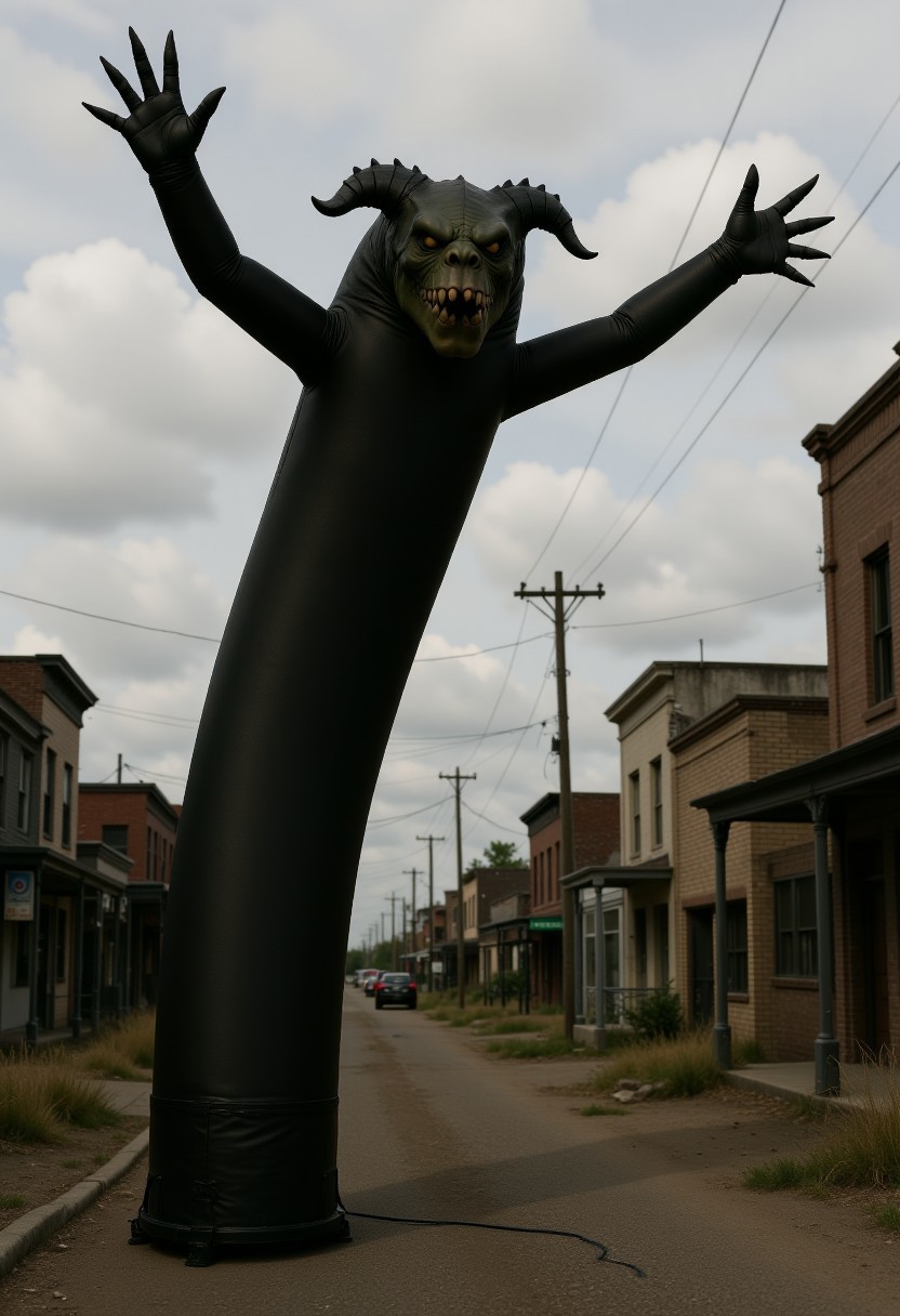 The image is a photograph of a very tall, inflatable Deathclaw with wavy raised arms in a detailed post-apocalyptic town setting. Rendered in the highest quality,