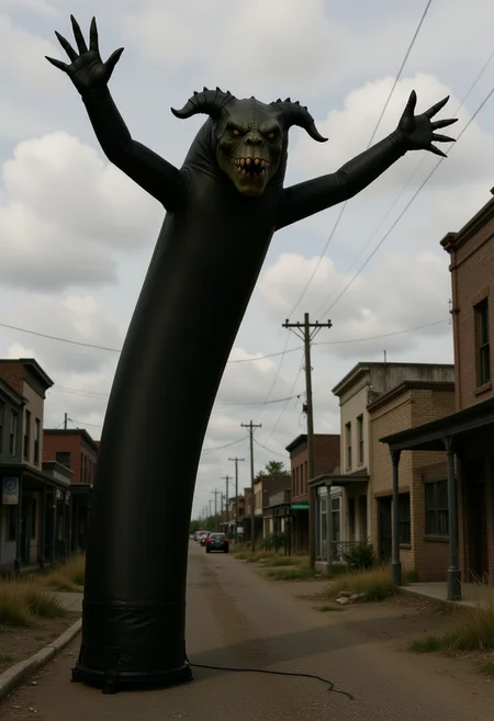The image is a photograph of a very tall, inflatable Deathclaw with wavy raised arms in a detailed post-apocalyptic town setting. Rendered in the highest quality,