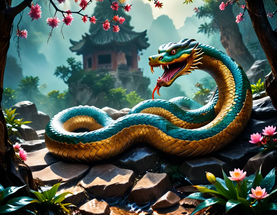 In the depths of an enchanted forest in China, a giant serpent, symbol of the Year of the Snake, emerges majestically. Its scales shimmer like jewels under the sun's rays, blending vibrant green and gold. The villagers, fascinated, gather to admire this mystical creature, believing it brings wisdom and prosperity. The serpent, guardian of ancient secrets, slowly winds around the mountains, leaving behind a trail of blooming flowers and promises of abundance. During the full moon, it will dance to the rhythm of drums, turning the night into a celebration of renewal and harmony, uniting everyone in tradition