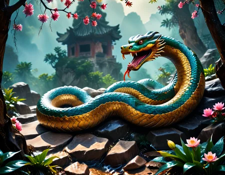 In the depths of an enchanted forest in China, a giant serpent, symbol of the Year of the Snake, emerges majestically. Its scales shimmer like jewels under the sun's rays, blending vibrant green and gold. The villagers, fascinated, gather to admire this mystical creature, believing it brings wisdom and prosperity. The serpent, guardian of ancient secrets, slowly winds around the mountains, leaving behind a trail of blooming flowers and promises of abundance. During the full moon, it will dance to the rhythm of drums, turning the night into a celebration of renewal and harmony, uniting everyone in tradition