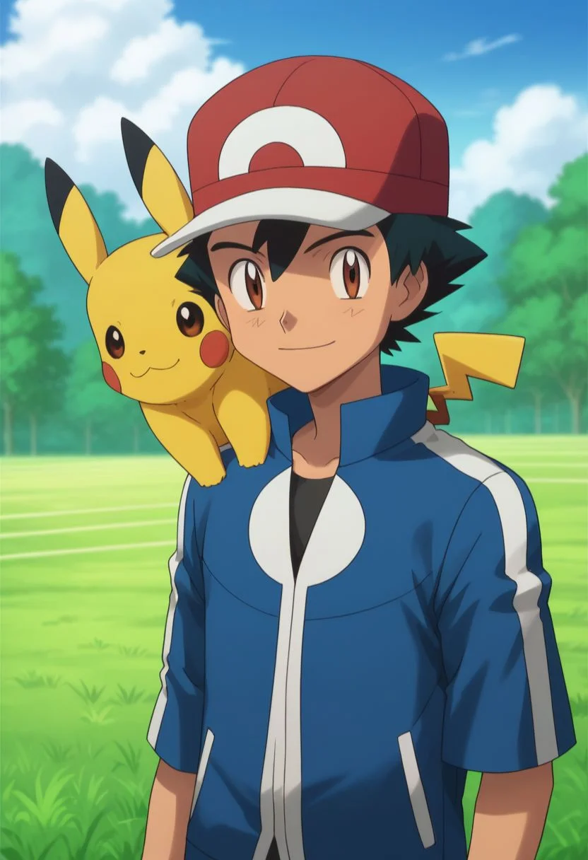 score_9, score_8_up, score_7_up, source_anime, highly detailed, 1boy, solo, male_focus, slender, skinny, cute,
1boy, male focus, hat, pokemon (creature), brown eyes, on shoulder, pokemon on shoulder, jacket, smile, outdoors, blue jacket, black hair, day, closed mouth,
simple background,