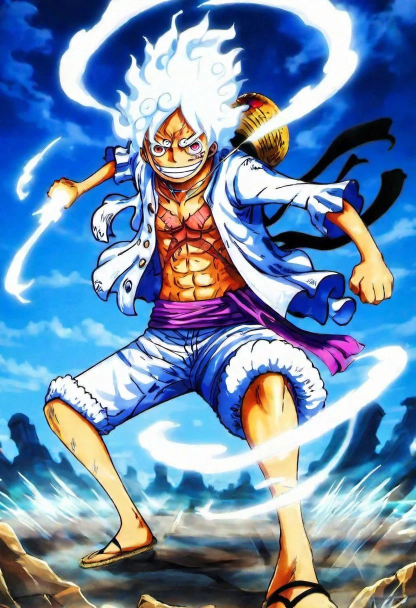 2D a 1Luffy gear 5 in Wano, (best quality, masterpiece, detailed, highly detailed face) ,(high definition face:1.0),(detailed eyes:1.0) 8k,(Smilex5), (solo), amazing perspective, profesional composition ,