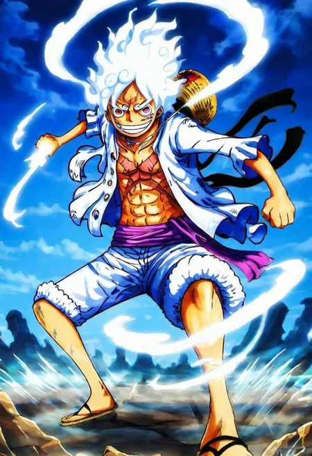 2D a 1Luffy gear 5 in Wano, (best quality, masterpiece, detailed, highly detailed face) ,(high definition face:1.0),(detailed eyes:1.0) 8k,(Smilex5), (solo), amazing perspective, profesional composition ,