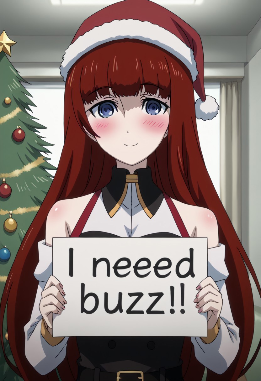 rating_safe, Ultra-high-detailed Anime illustration of Kagari Shiina from Anime Steins;Gate 0. The artwork features Kagari in a solo, face focus, upper body, standing position with a intdoors, indoors, living room with Christmas atmosphere. Gorgeous Christmas tree in background. Night Time..
She is depicted with intricate details showcasing her large breasts, natural_breasts. She is a white skinned, 22 years old woman. Kagari is looking_at_viewer with perfect_eyes, Her pupils are highly detailed. The eyes are open. blue eyes. Kagari's eyes are highlighted. Highlighted eyevrows. 
She has long hair, red colored hair, styled in blunt bangs and floating hair. 
She is wearing a black choker and a Santa dress, strapless crop top, sleevless crop top with bare shoulders.
She is wearing a Santa Hat and red skirt, red pencil skirt with black belt.
The artistic style is intricate_details_xl with a focus on Anime art. The color palette emphasizes red and black with detailed strokes to bring out the character's features. The lighting creates dramatic shadows and highlights, adding depth to the artwork. The perspective is from a face focus, dutch angle to enhance the impact of the character's expression. This masterpiece is a true portrayal of Kagari's complex personality and will captivate any fan of Kagari. uncensored, upper body, blushing, smile, Kagari Shiina, perfecteyes, need_buzz, holding sign with hands
<lora:Steins_Gate:1>