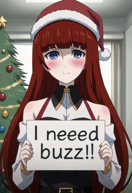 rating_safe, Ultra-high-detailed Anime illustration of Kagari Shiina from Anime Steins;Gate 0. The artwork features Kagari in a solo, face focus, upper body, standing position with a intdoors, indoors, living room with Christmas atmosphere. Gorgeous Christmas tree in background. Night Time..
She is depicted with intricate details showcasing her large breasts, natural_breasts. She is a white skinned, 22 years old woman. Kagari is looking_at_viewer with perfect_eyes, Her pupils are highly detailed. The eyes are open. blue eyes. Kagari's eyes are highlighted. Highlighted eyevrows.
She has long hair, red colored hair, styled in blunt bangs and floating hair.
She is wearing a black choker and a Santa dress, strapless crop top, sleevless crop top with bare shoulders.
She is wearing a Santa Hat and red skirt, red pencil skirt with black belt.
The artistic style is intricate_details_xl with a focus on Anime art. The color palette emphasizes red and black with detailed strokes to bring out the character's features. The lighting creates dramatic shadows and highlights, adding depth to the artwork. The perspective is from a face focus, dutch angle to enhance the impact of the character's expression. This masterpiece is a true portrayal of Kagari's complex personality and will captivate any fan of Kagari. uncensored, upper body, blushing, smile, Kagari Shiina, perfecteyes, need_buzz, holding sign with hands
<lora:Steins_Gate:1>
