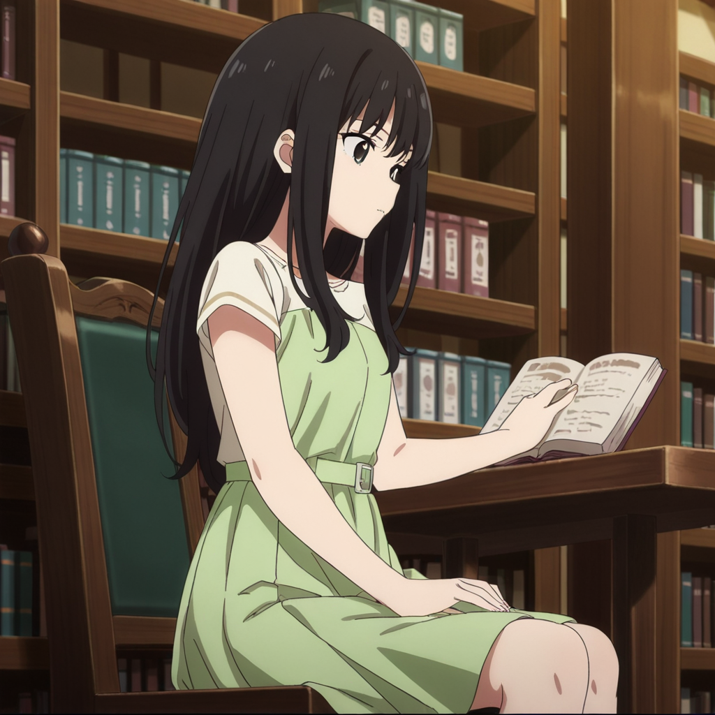 nsfw, masterpiece,best quality,amazing quality,1girl, solo, lycoris_recoil_takina_lnoue, sitting, read the book, black hair, long hair, dress, green dress, short sleeves, black eyes, anime coloring, bangs, white shirt, library, <lora:Takina_Inoue_-_Lycoris_Recoil:0.7>