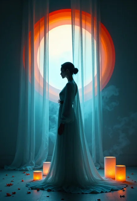 aidmafluxpro1.1,
A masterpiece of (zen idol girl) style created by the collaboration of Mark Rothko and Friedrich Stuhl.
The photograph captures a serene and ethereal "masterpiece" that merges the essence of a zen idol girl with the vibrant abstraction of Mark Rothko and Friedrich Stuhl's collaborative vision. The image is set in a dimly lit, minimalist room where natural light filters through sheer curtains, casting soft shadows.
From an overhead angle, the photo frames the subject within a circular composition, reminiscent of a mandala, which enhances the meditative quality of the scene. The background features a gradient palette that transitions from deep indigo to warm salmon, symbolizing the fusion of Eastern and Western artistic philosophies.
The "zen idol girl" is depicted in a flowing, translucent robe, her figure barely discernible against the vivid colors, adding a dreamlike quality. Her face is turned towards the viewer, with a serene expression that radiates calm and wisdom. The background features subtle, interlocking color blocks inspired by Rothko's signature style, creating a sense of depth and harmony.
In the foreground, there are delicate, floating elements such as paper lanterns or soft petals, adding to the ethereal atmosphere. These details evoke a tranquil setting where time stands still, allowing the viewer to fully immerse in the artwork’s serene beauty.
,HD32K,hyperdetailed,best quality,