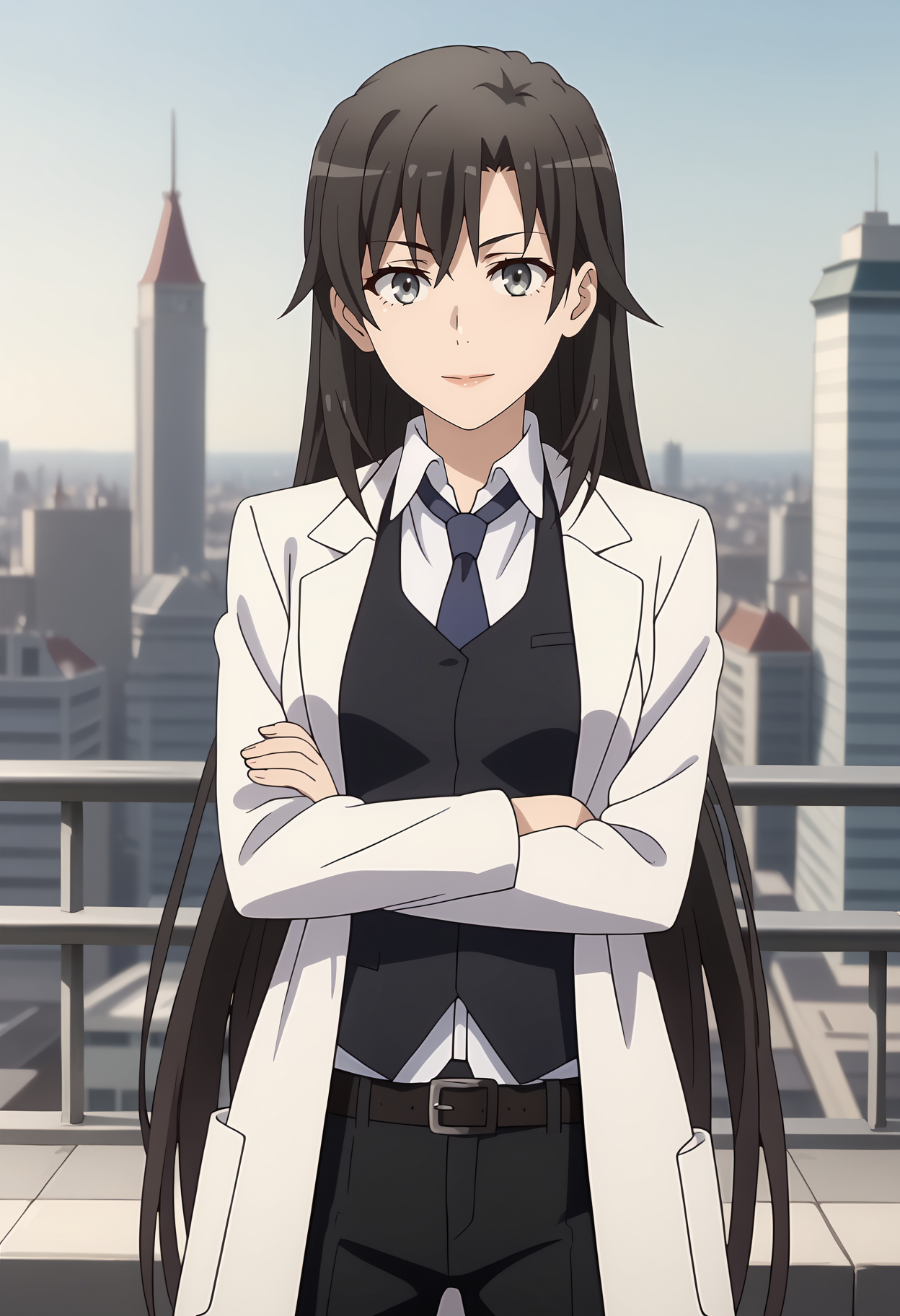 anime screencap,
<lora:YahariOreNoSeishunLoveComedy_HiratsukaShizukaXL:0.9>,
1girl, solo, closed mouth, light smile,
long hair, black hair, grey eyes,
HiratsukaShizuka, open coat, lab coat, black vest, white shirt, wing collar, blue necktie, long sleeves, black belt, black pants,
crossed arms, cowboy shot, standing, looking at viewer,
rooftop, school, city, outdoors, blurry background