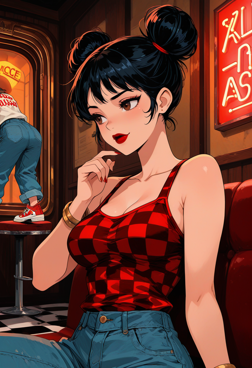 masterpiece, best quality, absurdres, highres, very awa, 1girl, 20 year old, (medium breasts:1.2), upper body, portrait, perfect face, detailed eyes, (bold rockabilly) young woman, curvy build, extra long red double buns hair, indian, mocha skin, brown eyes, wearing a checkered crop top, cuffed jeans, retro sneakers, red lipstick, bangle bracelets, set in a 1950s diner, with checkered floors, red vinyl booths, neon lights, vintage jukebox, and classic bar stools, during sunset
