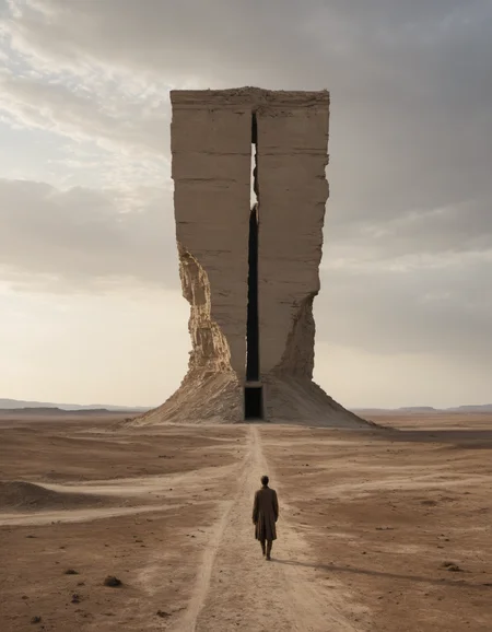 by peter de seve,  (masterful but extremely beautiful:1.4), (masterpiece, best quality:1.4) , in the style of nicola samori, cinematography, otherworldly monolithic structure dominates a desolate plain, stark contrast, flat horizon, solitary monument, anamorphic cinematography, shot on arri alexa mini, panoramic view, towering, monumental, barren ground, harsh light, arid, earthy tones, leading lines, desolation, anamorphic flare, lens distortion, denis villeneuve style, brutalism, minimalism cubism, eroded surfaces, windswept sand, starkness, geometry
<lora:add-detail-xl:1> <lora:xl_more_art-full_v1:0.5>  <lora:NicolaSamori:0.7>