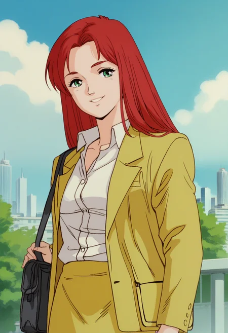 score_9, score_8_up, score_7_up, score_6_up, anime screencap, anime coloring, <lora:G0080CM_epoch_10:0.9>, G0080CM, red hair, green eyes, long hair, breasts, 
suit, yellow jacket, open jacket, collared shirt, yellow skirt, pencil skirt, shoulder bag, 
looking at viewer, smile, cowboy shot, hand on own hip, 
BREAK outdoors, sky, blue sky, sunbeam, cityscape,