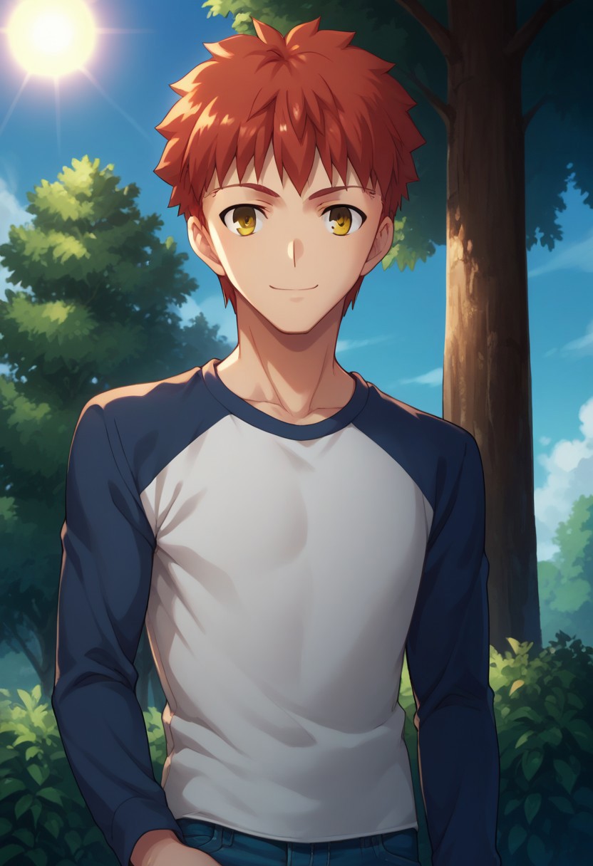 score_9, score_8_up, score_7_up, source_anime, highly detailed, 
shirouemiya, 1boy, male focus, solo, upper body, yellow eyes, pants, red hair, denim, smile,
jeans, shirt, raglan sleeves, hand in pocket,
outdoor, trees, sun,