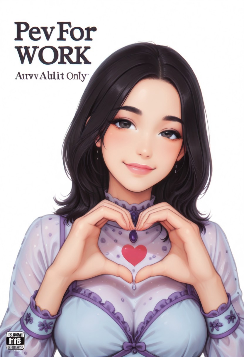 1girl, solo, medium build, medium hair, sfw, safe for work, covered skin, flowy dress, black eyes, purple lipgloss, smiling, portrait, upper body, doujin cover, heart hands, japanese text, personalami