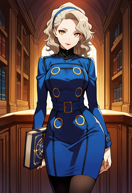 (masterwork, masterpiece, best quality, hyper-detailed :1.1),
1 girl, solo,
p4margaret, yellow eyes, blonde hair, long hair, wavy hair, headband, lipstick, makeup, dress, long dress, pencil dress, blue dress, long sleeves, pantyhose, black pantyhose,
cowboy shot, looking at viewer, faint smile, book, grimoire, holding book,