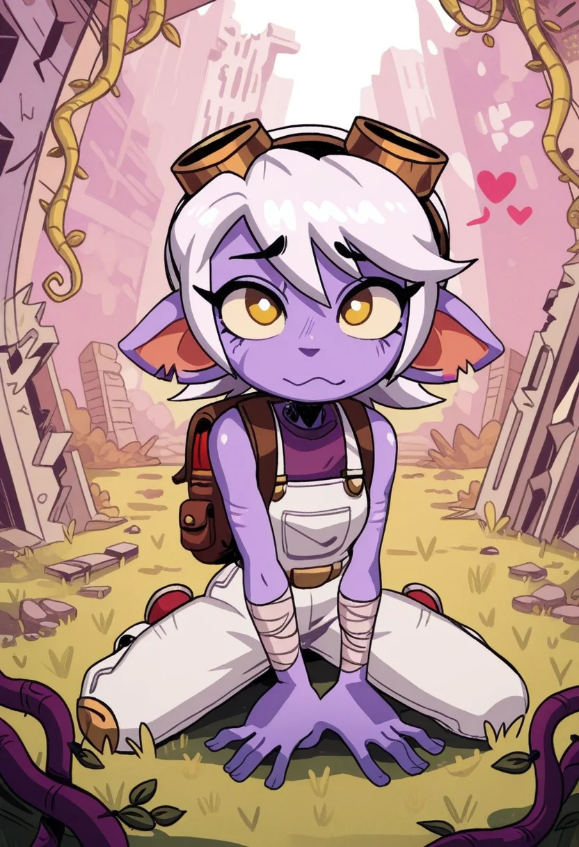 blorstyle,   masterpiece,  best quality, solo,  tristana\(league_of_legends\), white hair, ultra detailed yellow eyes, white overalls, purple skin, love hearts, backpack, goggles,  seated on grass,  silly expression, fantasy kingdom background, ruins, vines,