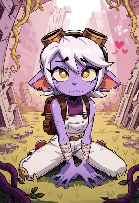 blorstyle,   masterpiece,  best quality, solo,  tristana\(league_of_legends\), white hair, ultra detailed yellow eyes, white overalls, purple skin, love hearts, backpack, goggles,  seated on grass,  silly expression, fantasy kingdom background, ruins, vines,