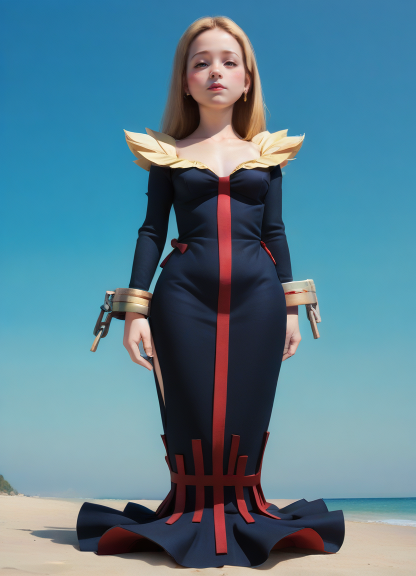 score_9, score_8_up, score_8_up, raw, photo, realistic, thick thighs, blushing, shy look, focus on face,<lora:stvmccrr:0.7> Photography, stvmccrr style, stvmccrr, <lora:xl_more_art-full_v1:0.5>,
36 year old girl, beautiful girl, 
 <lora:ClericXL:1> Clericxl, pointy ears, black dress, very long hair, shackles, jewelry, side slit, long sleeves