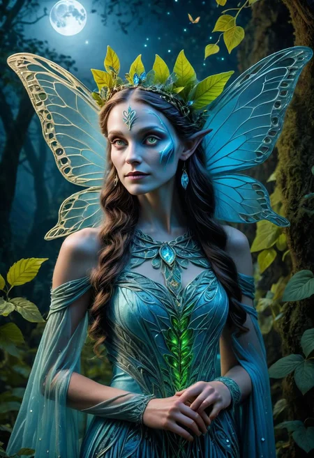 masterpiece, cinematic focus, award winning portrait of the beautiful fairy queen, ligt blue skin, flourescent butterfly wings, mesmerizing austere gaze, leaf dress, small faeries around the dress, full moon backgound, intricate details, flourishing nature, druidic magic, celtic folklore atmosphere