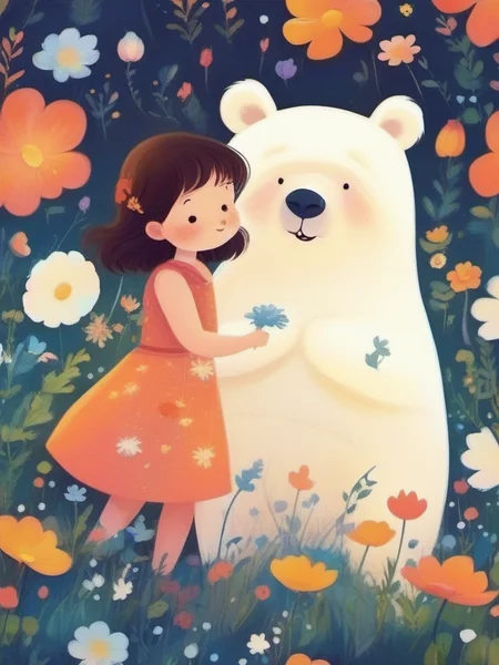A girl and a white bear are standing in a field of flowers., <lora:kids:1> illuillustration,