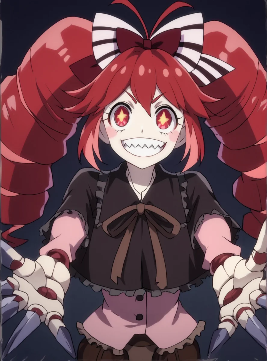 score_9, score_8_up, score_7_up, score_6_up, score_5_up, score_4_up source_anime, anime screencap,   <lora:Micha_symphogear:0.8>michajawkan, solo, teeth, twin drills, sharp teeth, long hair, drill hair, blush stickers, red hair, red eyes, smile, antenna hair, joints, hair bow, doll joints claw \(weapon\),  smirk, upper body, outstretched arms,  evil_grin +_+ symbol-shaped pupils,