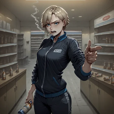 highres, hi res, best quality, masterpiece, intricate details, absurdres, 4k, semi realistic, very aesthetic, great lighting, detailed face, very aesthetic, great lighting, eft_char, (1girl, solo:1.2), tomboy, blonde,short hair, blue eyes, small breasts, black track suit, smoking, serious, talking, open mouth, standing, pointing at viewer,  holding bottle, plastic bottle, beer bottle, cowboy shot, looking at viewer, abandoned, convenience store, <lora:TarkovArtsStyle:1>