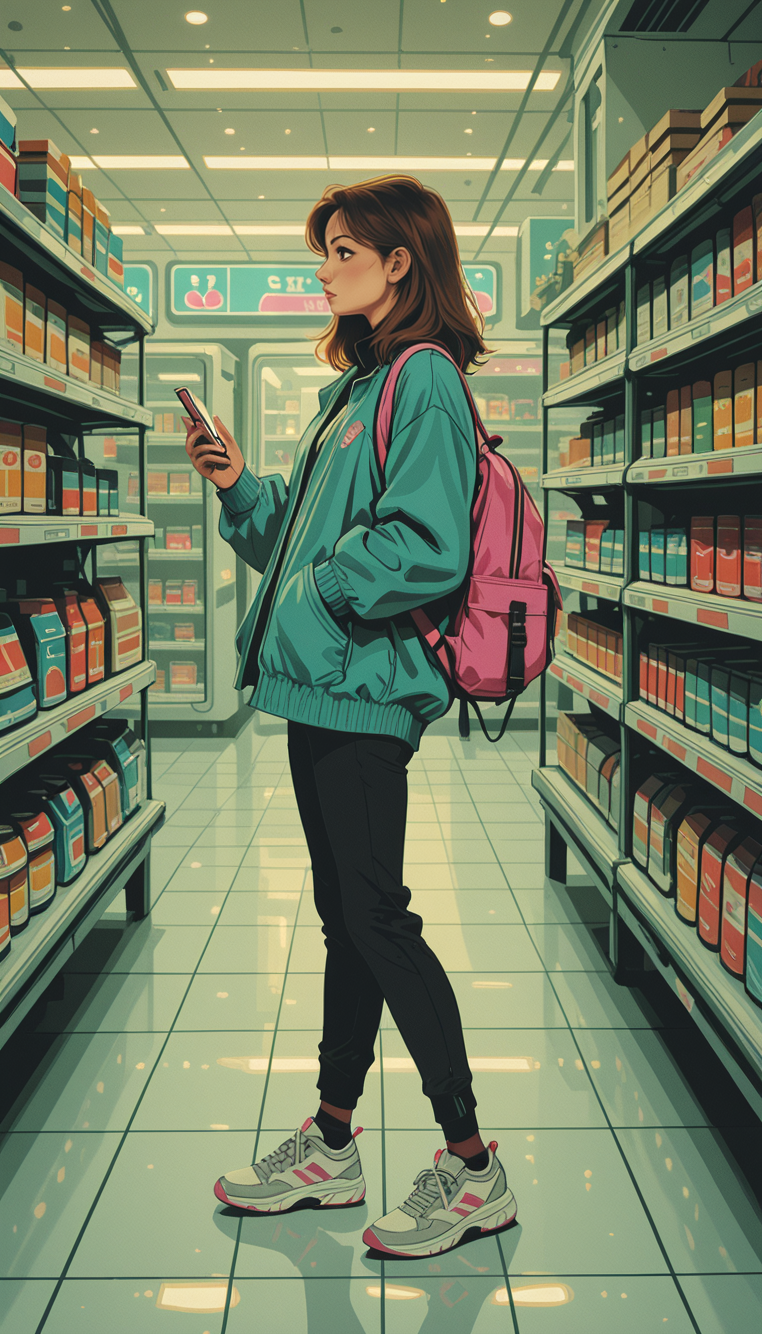 masterpiece, Shinkaistyle,
pinkretroanime, retro art,
Cyberpunk Style, cyberpunk, science fiction, hi tech, future tech, neon, (Cybernetics:1.25), (Neon Cityscape:1), (lineless:1.5), smooth edges, tall body, slender body, fit body, long legs, In the image, a young woman with shoulder-length brown hair is standing in a vibrant supermarket aisle. She's dressed casually in a blue sweatshirt and black leggings, carrying a red backpack on her back. Her gaze is directed downwards, focused on the smartphone she's holding in her hands. The screen of her phone is brightly lit, contrasting with the cool tones of her attire. The supermarket around her is filled with an array of products. Shelves lined with various food items and beverages can be seen in the background, illuminated by the soft glow of overhead lights. The woman's position in the aisle suggests she might be looking for something specific or perhaps browsing on her phone while waiting for someone. The atmosphere of the image is serene yet active, with the everyday hustle and bustle of the supermarket setting the stage for a quiet moment captured in time. The lighting creates soft shadows under the woman's feet, hinting at the overhead lights casting their light from above., 1girl, solo, long hair, bangs, brown hair, shirt, black hair, long sleeves, holding, standing, jacket, full body, flower, food, shoes, socks, pants, indoors, medium hair, bag, from side, sweater, coat, window, profile, shadow, looking away, phone, black pants, white footwear, backpack, cellphone, plant, denim, blue jacket, sneakers, scenery, smartphone, reflection, walking, holding phone, hand in pocket, jeans, handbag, green jacket, shoulder bag, tiles, tile floor, grey footwear, wide shot, shelf, shop, green coat, looking at phone, reflective floor, pink bag, red bag, vanishing point, shopping, convenience store, aqua jacket, groceries