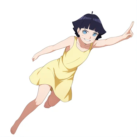 sharp focus, pixiv masterpiece, score_9, score_8_up, source_anime, score_7_up, best quality, highres, absurd res, BREAK
<lora:Himawari_Uzumaki_IL_v36:1>, uzumaki_himawari_il, 1girl, solo, blue_eyes, dark-blue_hair, short_hair, yellow dress, full body, subtle_smile, white background, simple background, bare feet, barefoot