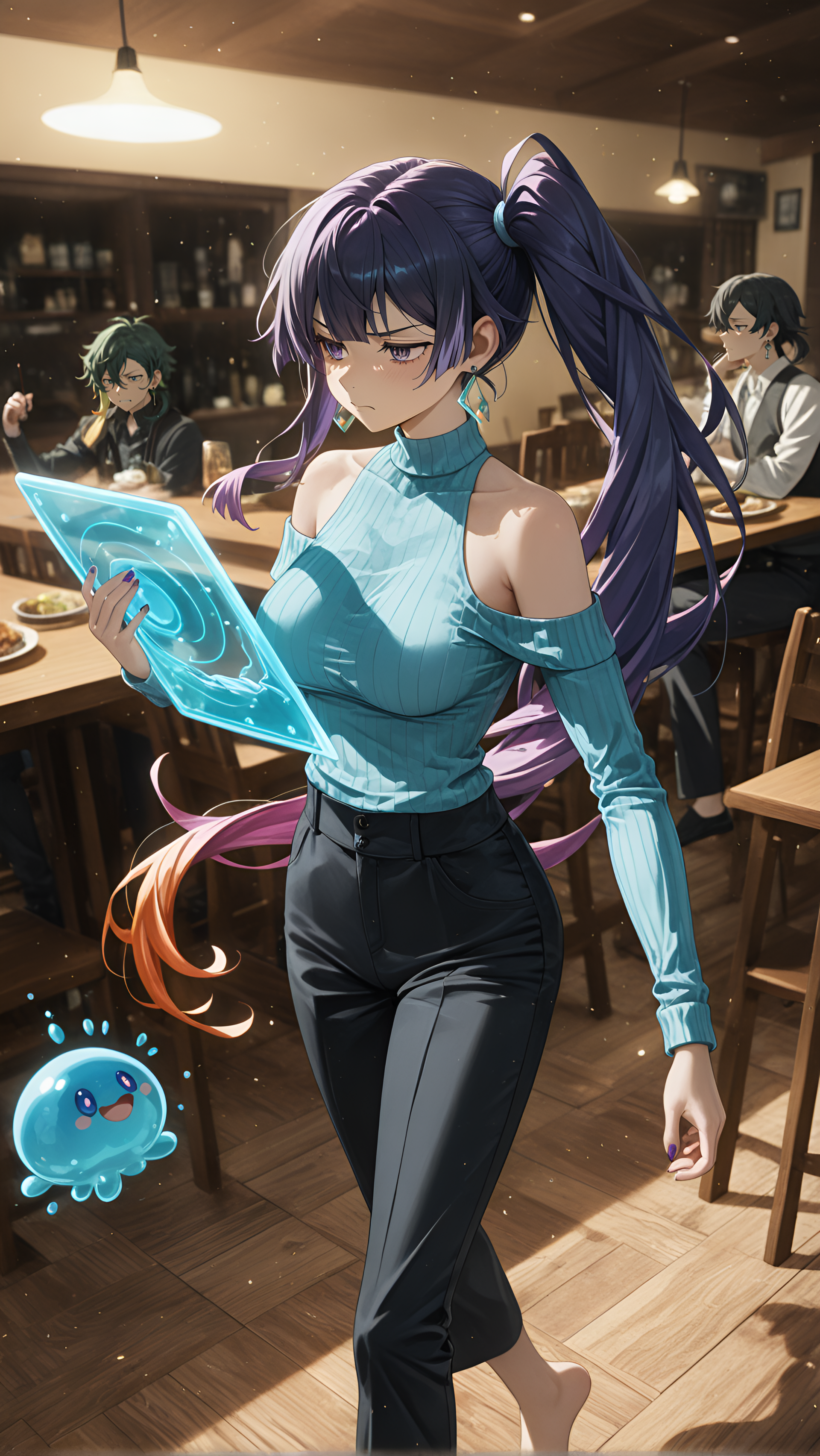 newest, Over-the-shoulder shot, barefoot, delicate frame, conducting_music, very long hair, absurdres, Kyouka Izumi (Bungou Stray Dogs), best quality, waiters, Cool Colors Theme, ambient occlusion, frustrated_brow, depth of field, blurry background, RTX, 2boys, absolutely eye-catching, amazing quality, motion_blur:1.1, restaurant, paired with high-waisted trousers., Energy Shield Generator, masterpiece, ultra-detailed, earrings, sagging breasts, ray_tracing, 1girl, food, nail_polish, tables, anime character, Colorful roots hair, 8K, Long Shadows, slime_(creature), motion_lines:1.1, very aesthetic, Side-swept ponytail, Cropped knit vest with no top, dark skin