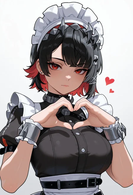 masterpiece,best quality,amazing quality,ellen joe, 1girl, black hair, breasts, closed mouth, colored inner hair, gradient background, grey background, heart, heart hands, looking at viewer, maid, maid headdress, medium breasts, mole, mole under eye, multicolored hair, puffy short sleeves, puffy sleeves, red eyes, red hair, short hair, short sleeves, solo, two-tone hair, upper body