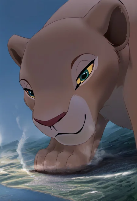 Safe_pos, score_9, score_8_up, score_7_up, detailed face, best quality, 1girl, solo, masterpiece, detailed background, beautiful, detailed eyes, mature female, giantess, macro
side view, lien,
1girl, furry female, solo,nala, lion, two tone fur, tan fur, female, yellow sclera, teal eyes, claws, clawed paws, fangs, ((full body view)), face focus,
standing, seductive pose, light smile, narrowed eyes, expansion,
long river, skyline, cityscape, destroyed cityscape, earthquake, steam, fog, craters