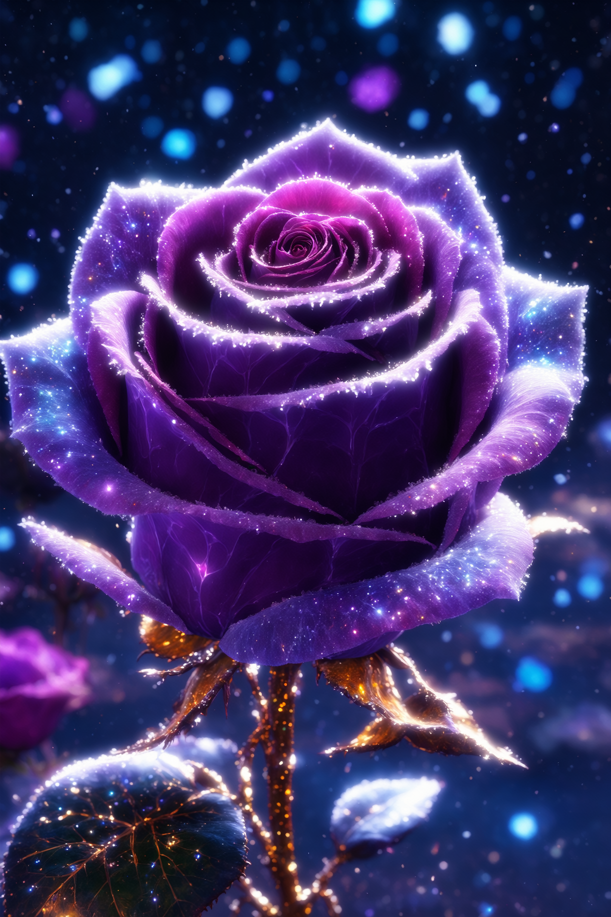 a (frozen:1.1) cosmic rose, the petals glitter with a crystalline shimmer, swirling nebulas, 8k unreal engine photorealism, ethereal lighting, purple, nighttime, darkness, surreal art
