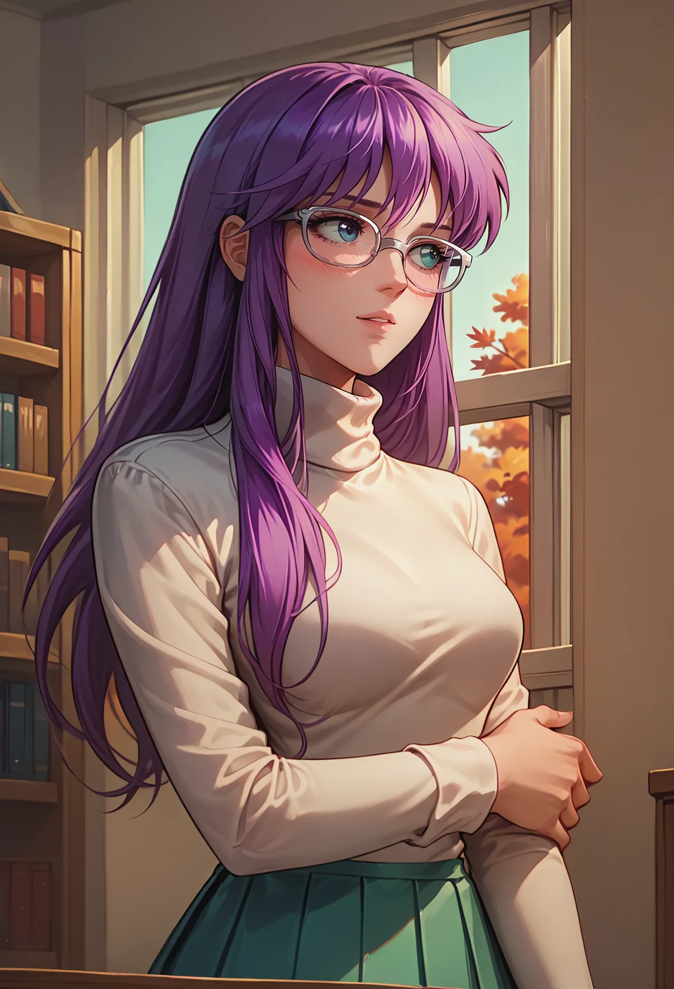 score_9, score_8_up, score_7_up,
<lora:SaoriKido_Pony_v11-12:1> athenakido, purple hair,
blush, looking away, shy, light smile, parted lips,
holding own arm, turtleneck sweater, pleated skirt, glasses, bookshelf, window, autumn, sunny,