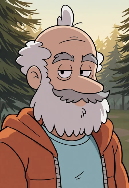 masterpiece, best quality, amazing quality, very aesthetic, absurdres, newest, high quality, detailed, LeonardLoud, 1boy, male, solo male, human, mature male, older man, long nose, black eyes, white hair, gray mustache, thick eyebrows, facial hair, bottom heavy, blue shirt, orange jacket, outdoors, standing, looking at viewer, volumetric lighting, close up, bust shot