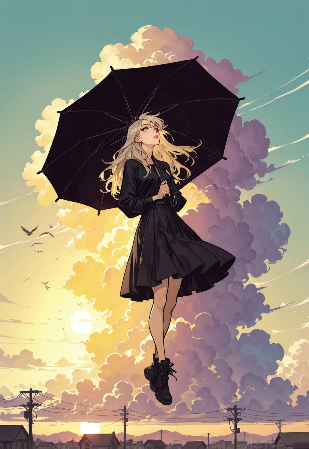 score_9, score_8_up, score_7_up, masterpiece, best quality, very aesthetic, detailed face, (dynamic:1.1), incoth, (incase:0.6), partial illumination, thick linework, illustration, 1girl, d41z3n, huge umbrella, holding umbrella, mid air, sky, platinum blonde hair, long hair, slowly sinking down, powerlines, birds, sunrise, flying, gliding down, huge cloud formation, perspective