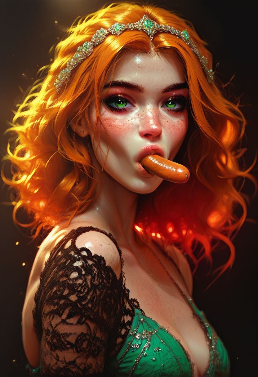 score_9, score_8_up, score_7_up, score_6_up, score_5_up, score_4_up, cute, sexy,1girl, ginger, freckels, portrait, (((sucking small sausage))),  1dk, full body, neon green tear, backlighting, neon black background, (fashion pose:1.8), 1girl, solo, (sexy 18 year old sexy shy, perfect body, fair skin, green eyes, cute face, freckles, medium breasts, long legs, eyeliner, mascara, firm butt, round ass, ginger hair, (dimples), (best art, best illustration, perfect ratio:1.3), natural lighting, soft lighting, HDR (High Dynamic Range), Maximum Clarity And Sharpness, Multi-Layered Textures, (neon theme, night sky:1.3), (perfect hands, perfect finders, perfect body part, perfect body:1.3),
