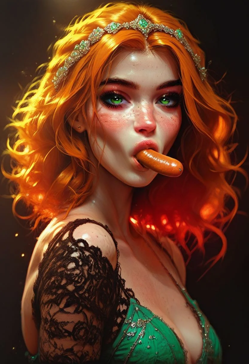 score_9, score_8_up, score_7_up, score_6_up, score_5_up, score_4_up, cute, sexy,1girl, ginger, freckels, portrait, (((sucking small sausage))), 1dk, full body, neon green tear, backlighting, neon black background, (fashion pose:1.8), 1girl, solo, (sexy 18 year old sexy shy, perfect body, fair skin, green eyes, cute face, freckles, medium breasts, long legs, eyeliner, mascara, firm butt, round ass, ginger hair, (dimples), (best art, best illustration, perfect ratio:1.3), natural lighting, soft lighting, HDR (High Dynamic Range), Maximum Clarity And Sharpness, Multi-Layered Textures, (neon theme, night sky:1.3), (perfect hands, perfect finders, perfect body part, perfect body:1.3),