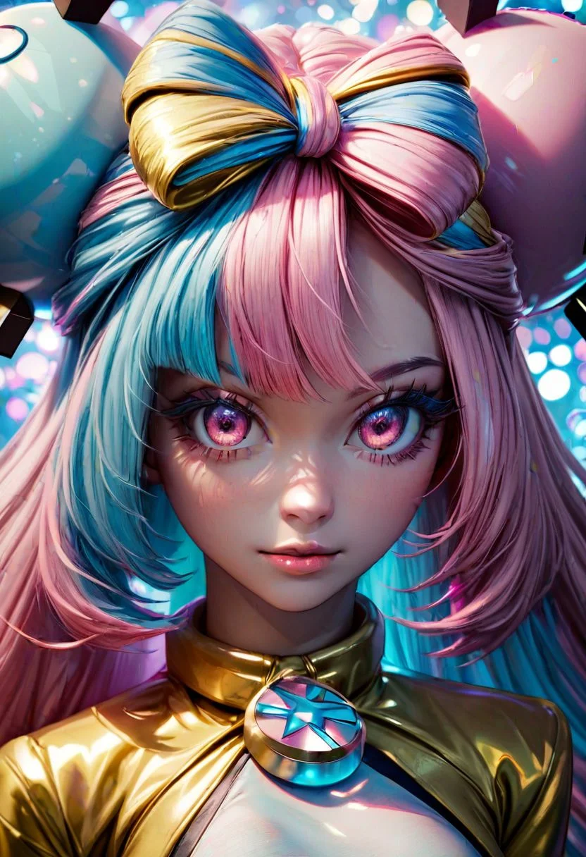 (ultra realistic, 32k, masterpiece:1.2), (high detailed skin:1.1), (high quality:1.1),score_9, score_8_up, score_8, medium breasts, cute, eyelashes, zzionopokemon, solo, 1girl, long hair, pink eyes, blue hair, pink hair, light blue hair, multicolored hair, bow-shaped hair, yellow jacket, looking at viewer, upper body, bokeh, luminescent background,