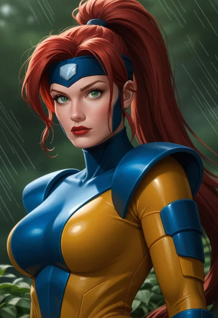 end_jngr3y, 1girl, solo, long hair, looking at viewer, green eyes, upper body, red hair, lips, bodysuit, red nails, emphasis lines, red lips, outdoors, bodysuit, multicolored bodysuit, yellow bodysuit, blue armor, headband,long hair, high ponytail, portrait, BREAK PonyXLV6_Scores
