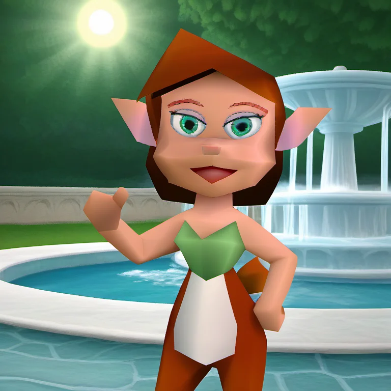 score_9, 1girl, solo, elora1, furry female, open smile, detailed green eyes, brown hair, furry, animal ears, looking at viewer, had on hip, makeup, faun, pointy ears, bare shoulders, green top, fountain, sun, Volumetric Lighting, <lora:Elora1-000009:1>,
