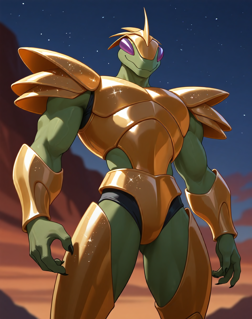 <lora:Hyper_Katris_(Shinzo)_(Illustrious)_(AD):1> Hyper Katris, mantis, Shinzo, 
((
exterior, anime night sky, anime mountains, bent leg, cowboy shot, 
dynamic action, insect anthro, male focus, strong warrior, manly, bounty hunter, villain, glossy gold armor, green body, manly, masculine, glitter armor, handsome, dashing good looks, smirk, 
)),
BREAK: very awe, aesthetically pleasing, masterpiece, best quality, amazing quality, very aesthetic, perfect depth of field shot, gradient coloring, subsurface reflections, source_furry, furry_art, 
masterpiece, best quality, amazing quality, very aesthetic, high resolution, ultra-detailed, absurdres, newest, scenery, {Prompt}, BREAK, detailed background, volumetric lighting,
BREAK: lazympos, lazypos (3),