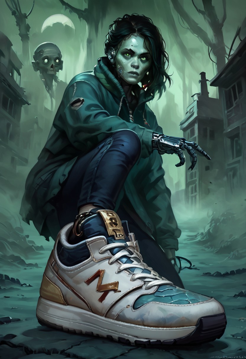 score_9, score_8_up, score_7_up, w4rh4mm3r style oil painting, grimdark, 18 year old female cyborg, eerie horror background, foggy, hud_sh03_sh0w, foreshortening, looking at viewer, sneakers. wearing cybernetic sneakers