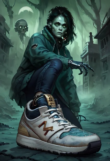 score_9, score_8_up, score_7_up, w4rh4mm3r style oil painting, grimdark, 18 year old female cyborg, eerie horror background, foggy, hud_sh03_sh0w, foreshortening, looking at viewer, sneakers. wearing cybernetic sneakers